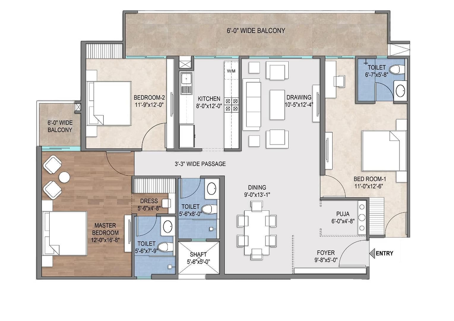 TYPICAL FLOOR PLAN 3 BHK TOWER SALEABLE AREA = 1935 SQ. FT.